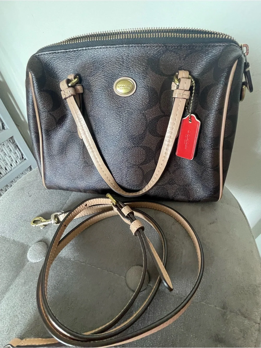 Coach Brown Signature Satchel with Beige Trim and Red Tag